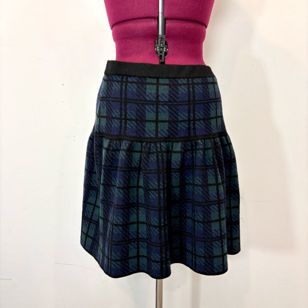 Cynthia Rowley Wool Tight Knit Skirt Blue Plaid Blend pull On Ruffle sz L